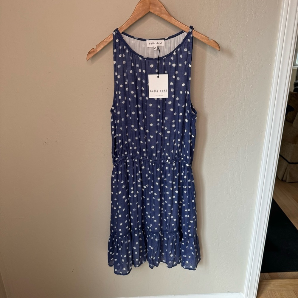 NWT BELLA DAHL Polka Dot Print Shirred Halter Dress In Navy Size Small - Picture 6 of 16